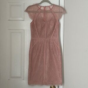 Monique Lhuillier Pink Sheer Lace Cocktail Dress Cap Sleeve Wedding Party Size 2